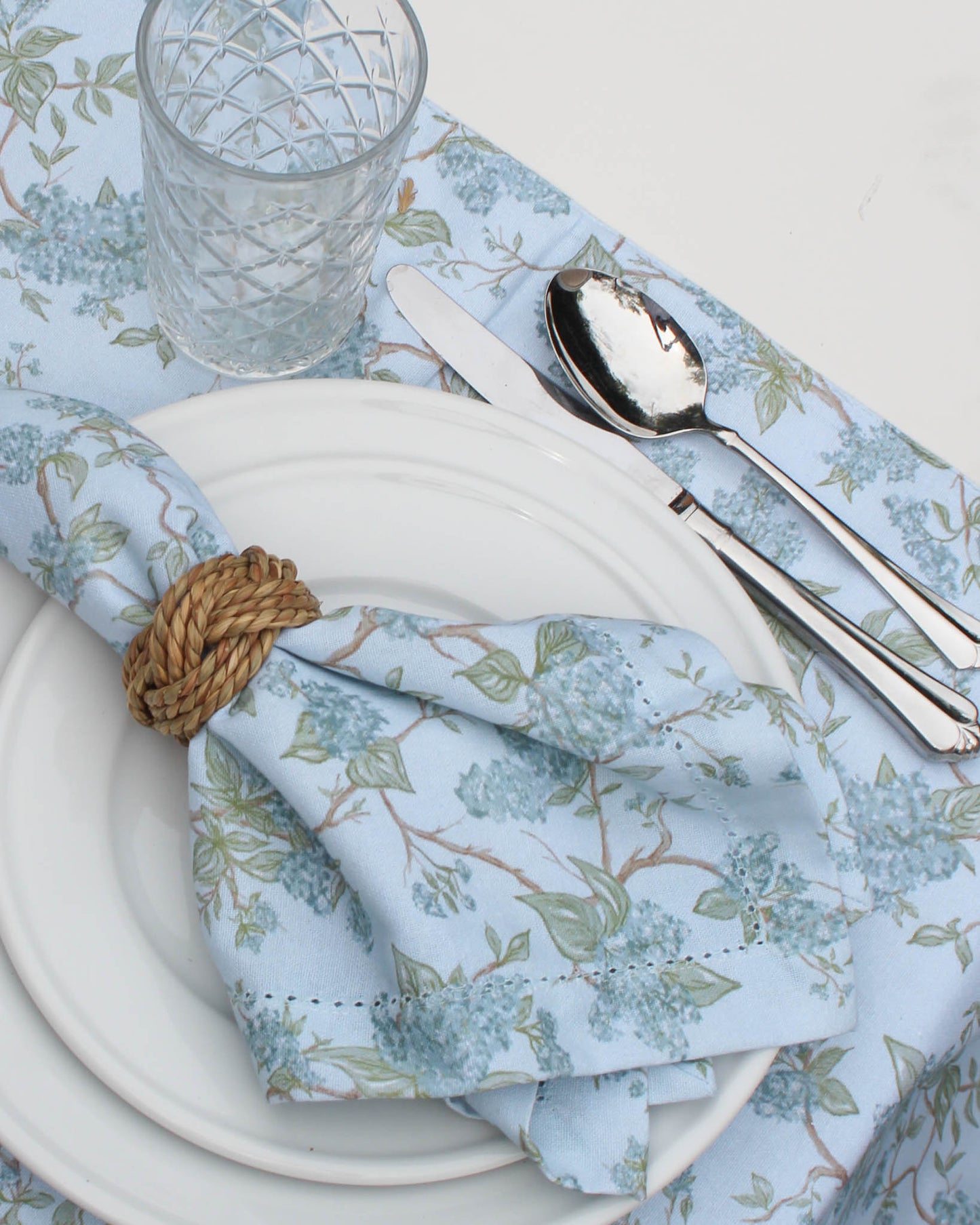 Hyacinth floral table runner and matching napkins made from organic cotton, perfect for spring and summer table settings, everyday dining, and seasonal hosting.