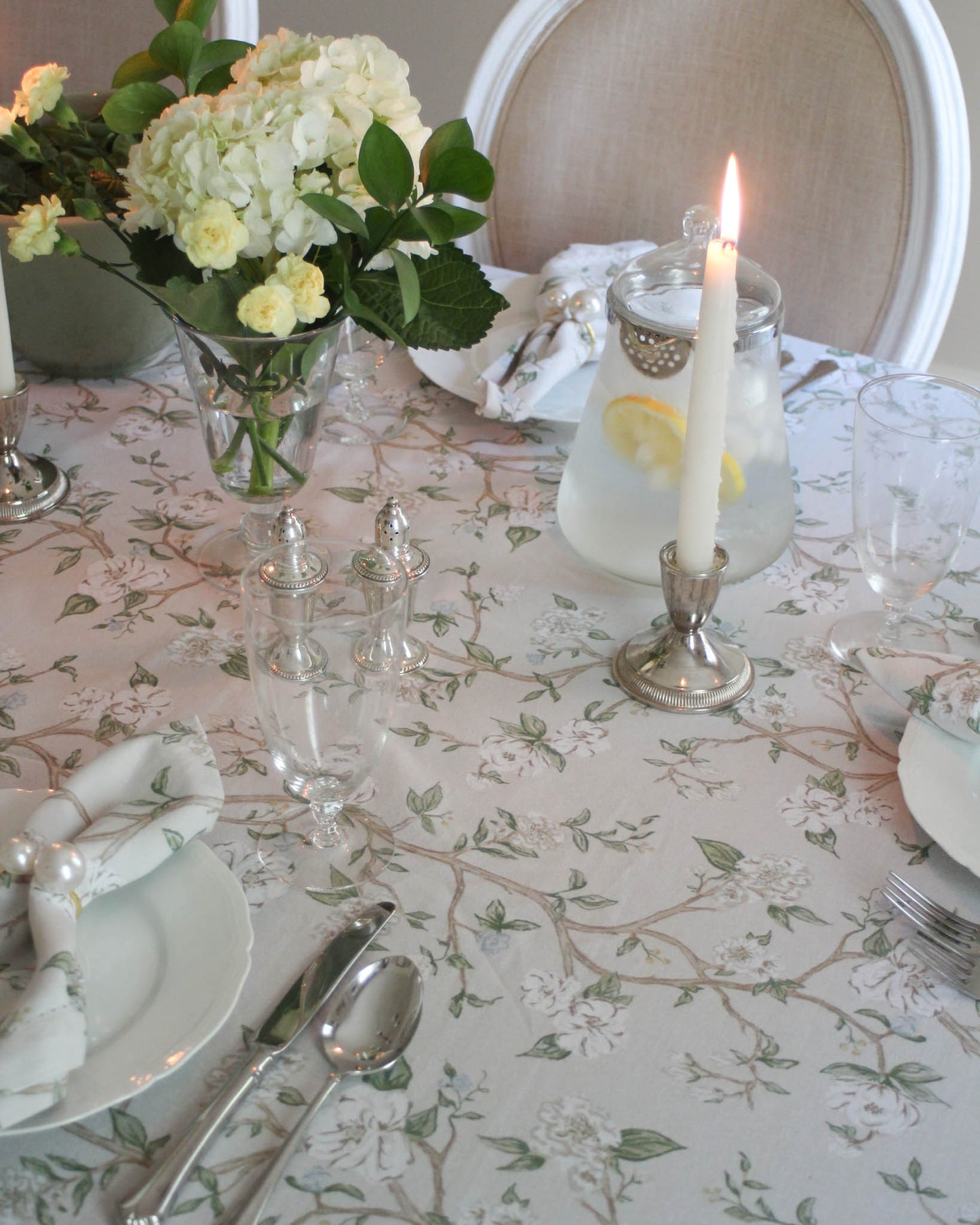 Elegant organic cotton tablecloth with hand-drawn Camellia florals, designed for those who love timeless beauty and elevated table decor or the perfect gift for hostess.