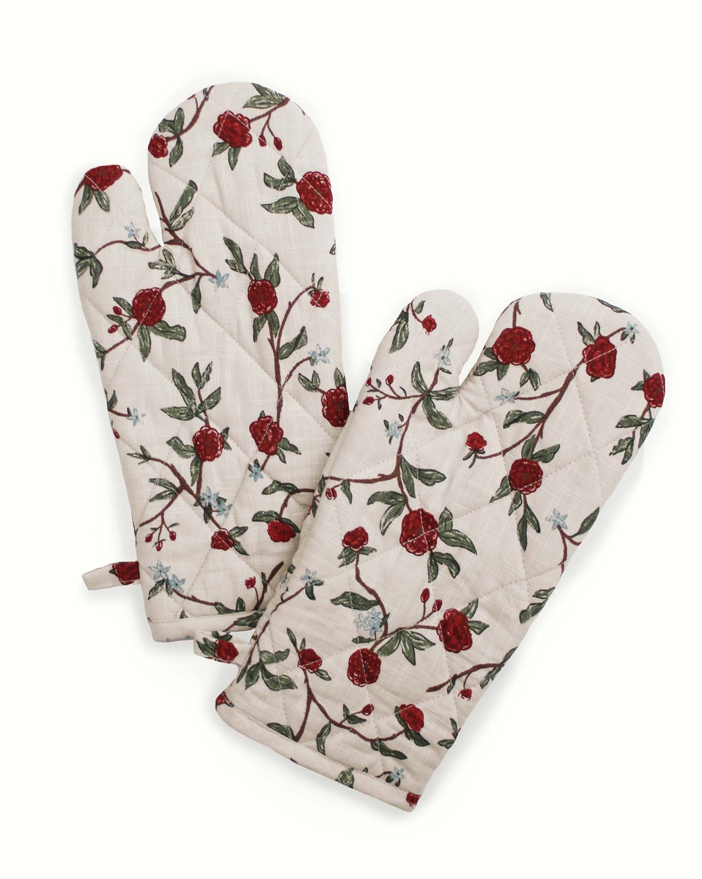 A vibrant Christmas oven mitt made from 100% cotton, featuring a botanical print with red and green flowers accented by blue tones. Thoughtful Christmas gift for her under $50