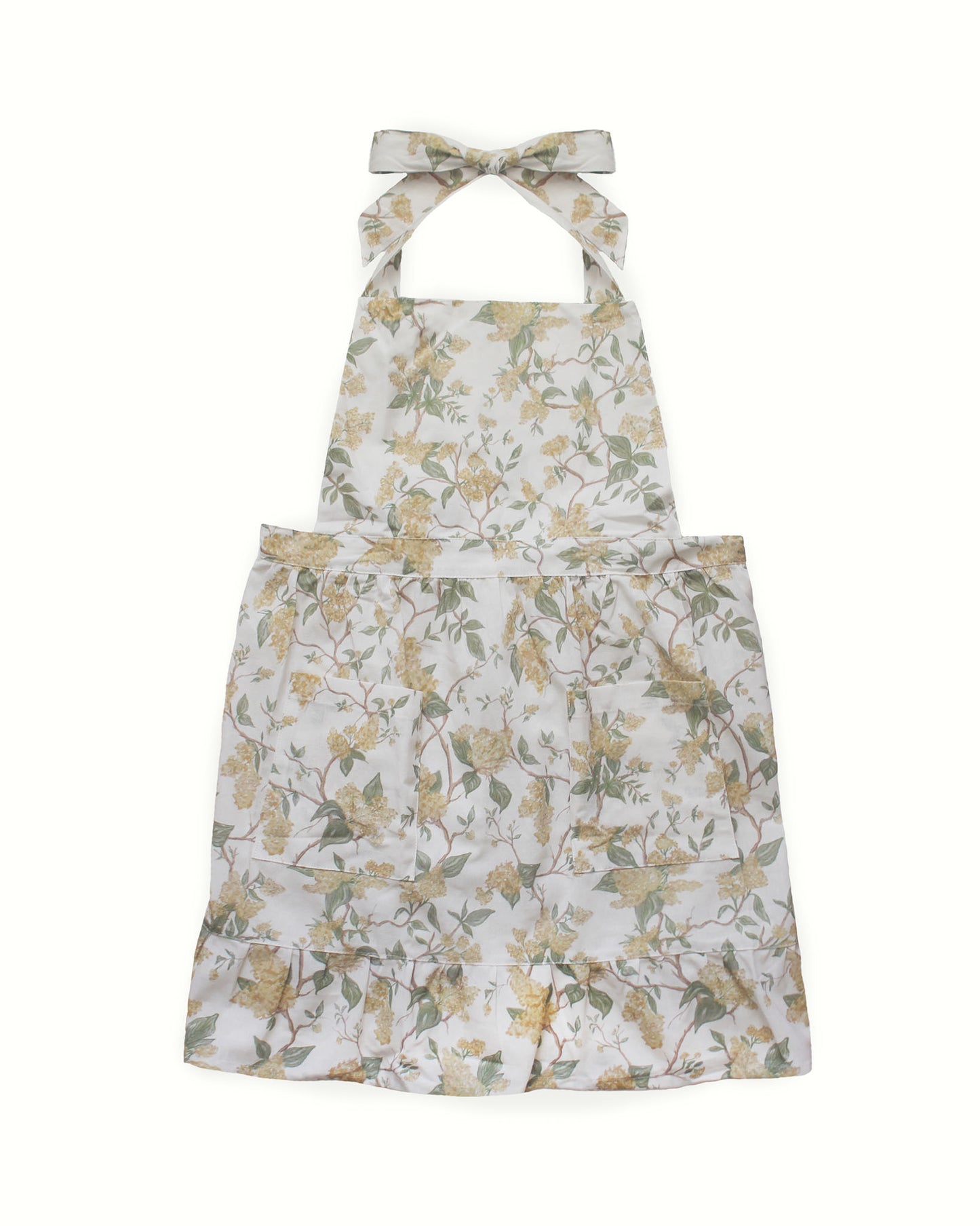 Marigold floral print apron with gathered waist and ruffle detail