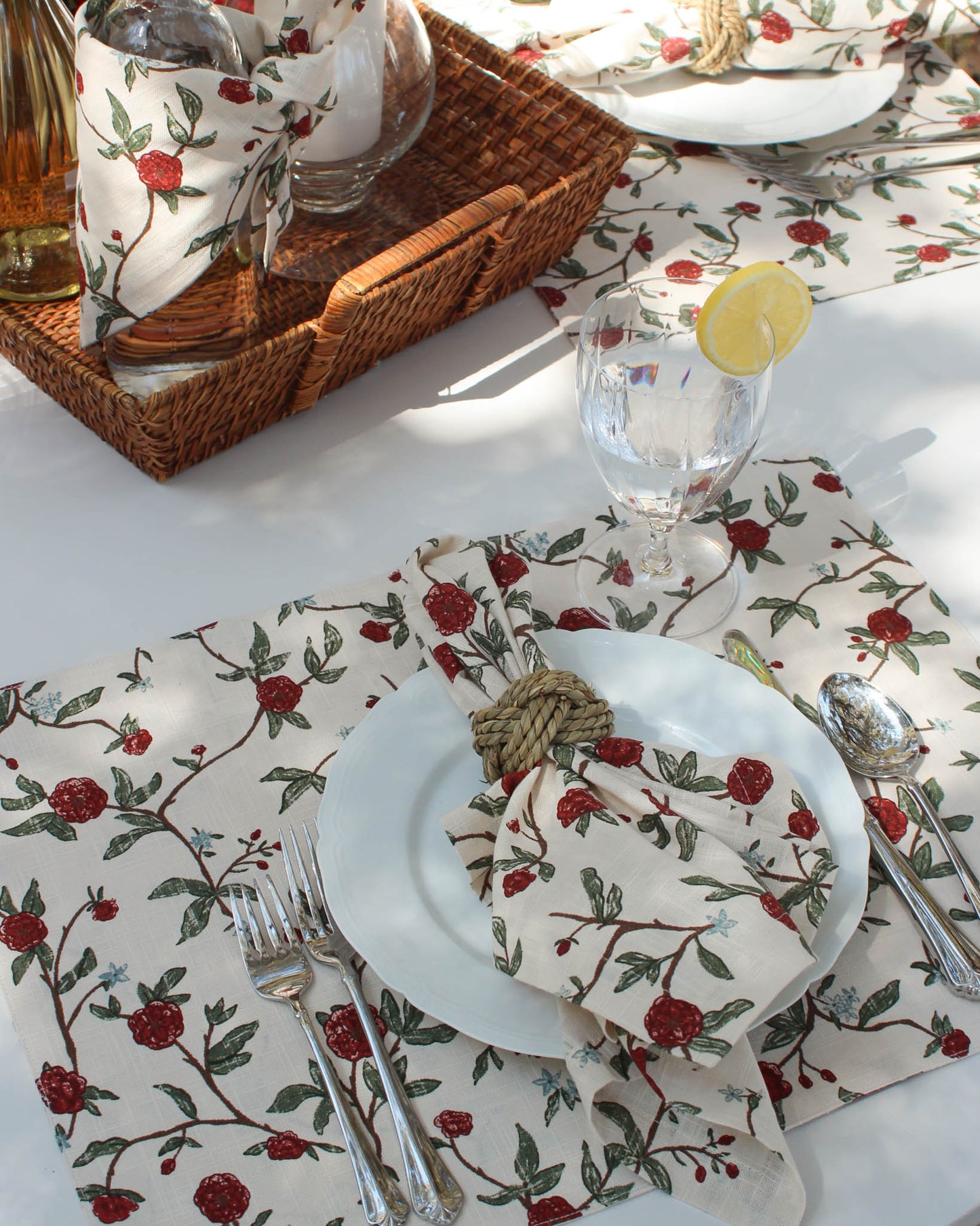 Red floral print placemats perfect for spring and summer outdoor.