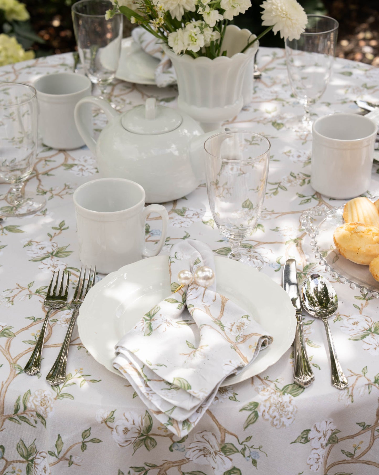 Hand-drawn Camellia print napkins, ideal for spring weddings, thoughtful hostess gifts, and elegant Mother’s Day table decor.