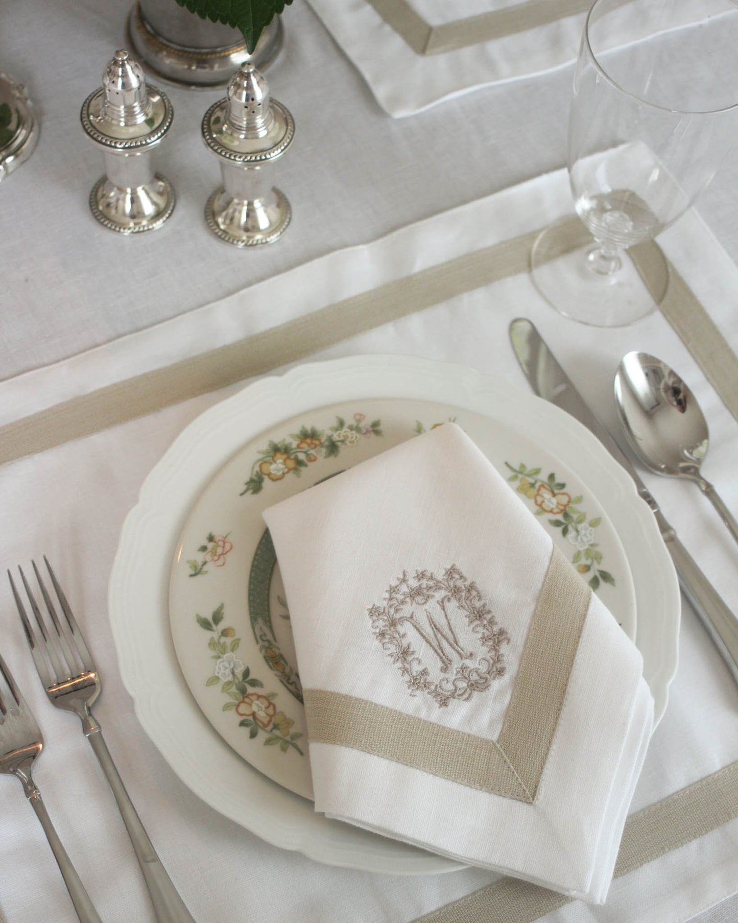 Monogrammed Willa napkin customized with initials in beige thread. Perfect for Christmas gift for mom, parents, wife