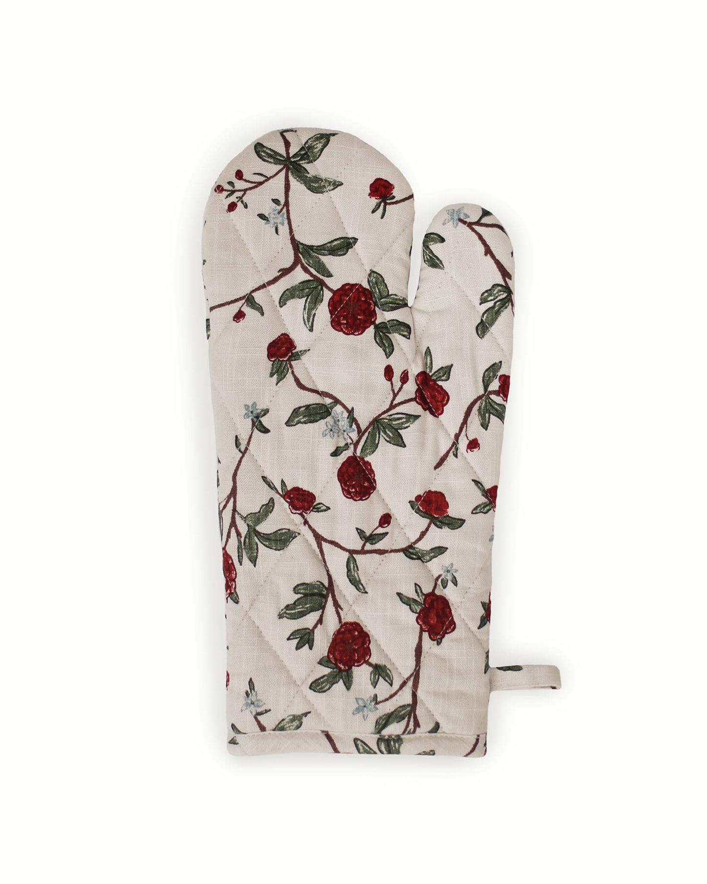 Floral Oven Mitt crafted from organic cotton combines durability and style. Its heat-resistant recycled cotton filling ensures safe handling of hot cookware. Ideal Christmas gift for moms who love to cook and bake.