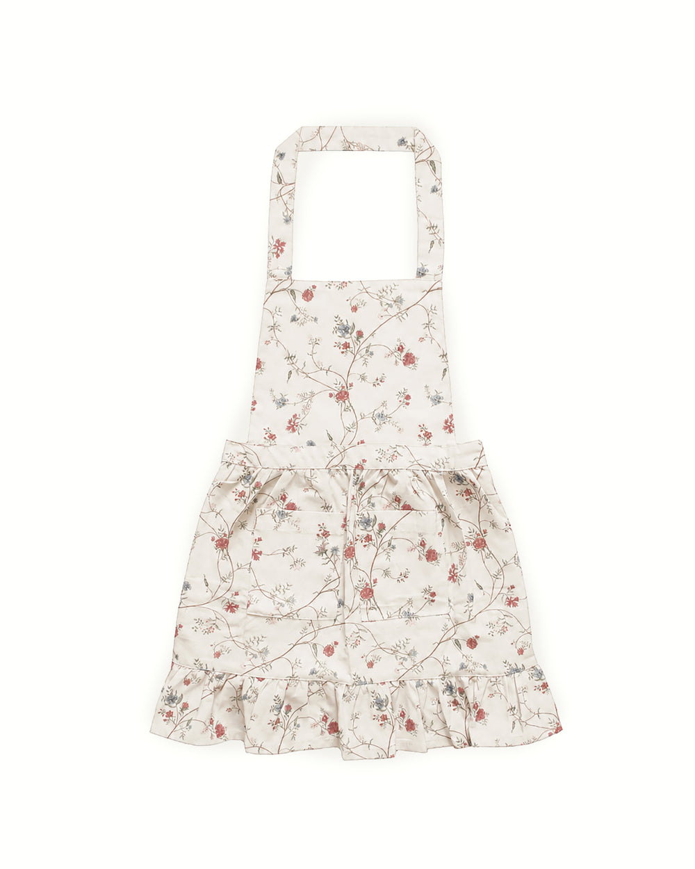 Little girl’s patterned apron made from premium cotton with adjustable ties, a gathered ruffle hem, and pockets for baking and crafts.