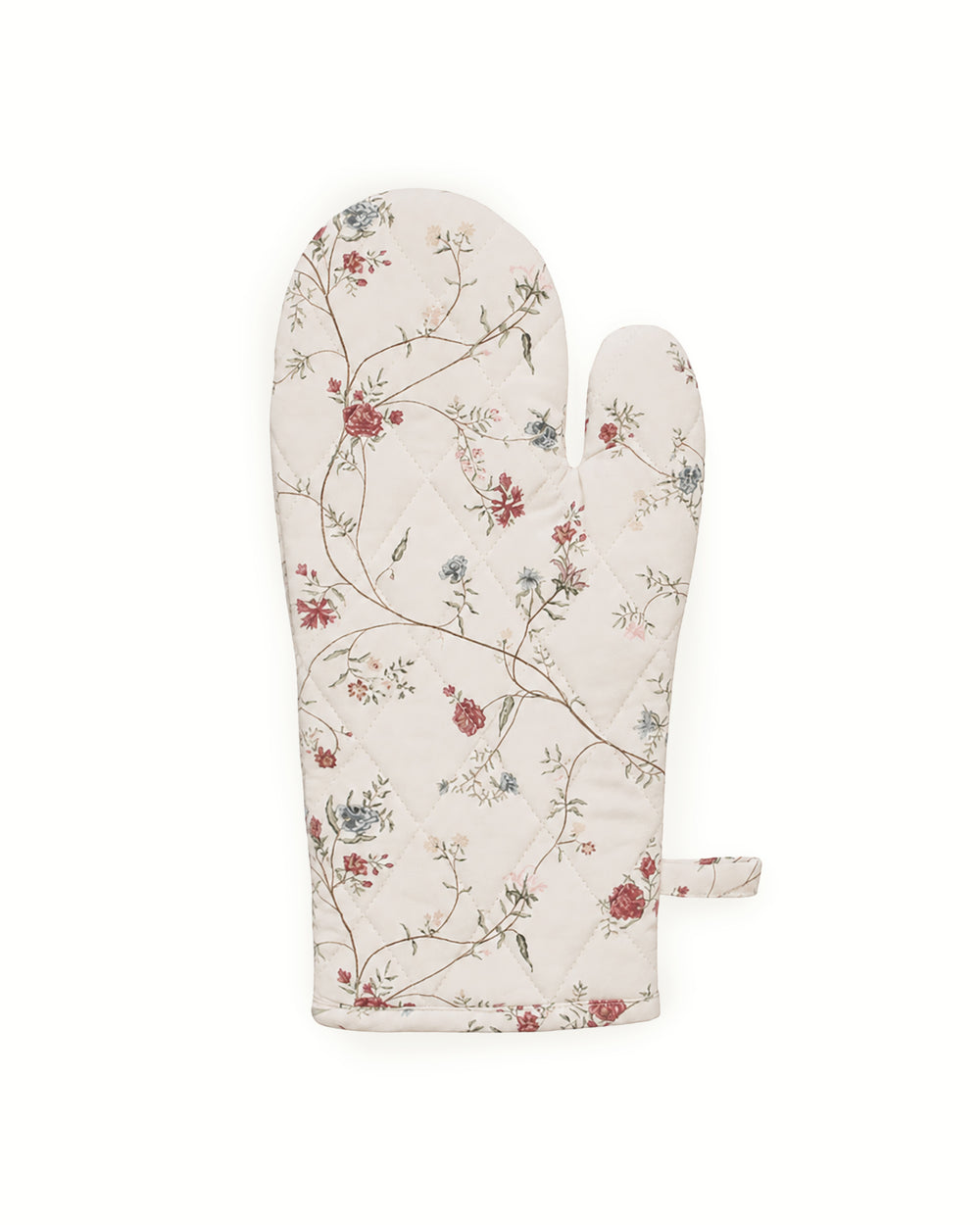 Botanical floral oven mitt with quilted padding and a convenient hanging loop, ideal for hostess gifts, housewarming gifts, and bridal showers.