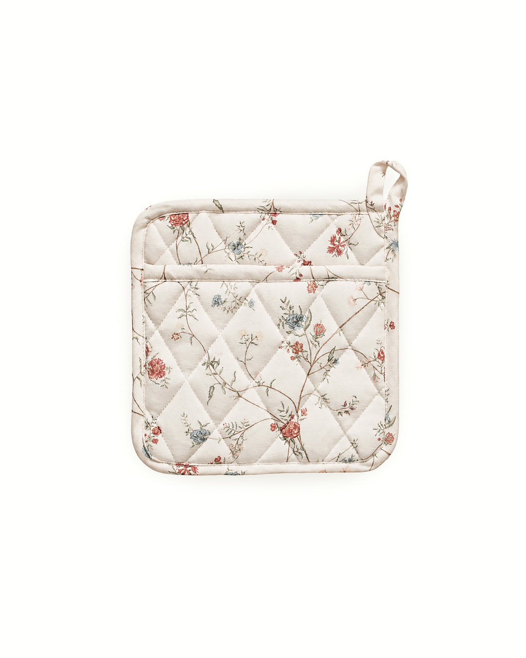 Patterned pot holder for cooking and baking, crafted from premium cotton and finished with quilted stitching for a beautiful, functional kitchen accessory.