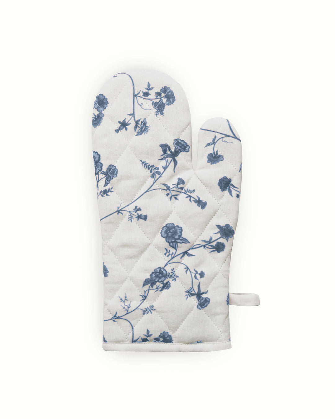Blue and white Garden Vine oven mitts, set of 2 in 100% cotton with hand-drawn floral print and quilted texture for kitchen use.