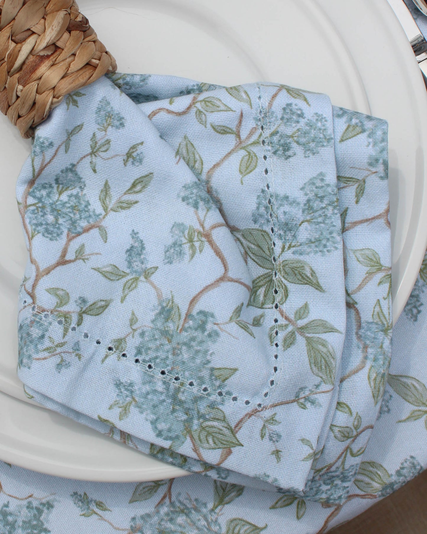 Set of fabric napkins in Hyacinth floral design, perfect for kitchen tables, spring events, and warm-weather hosting.