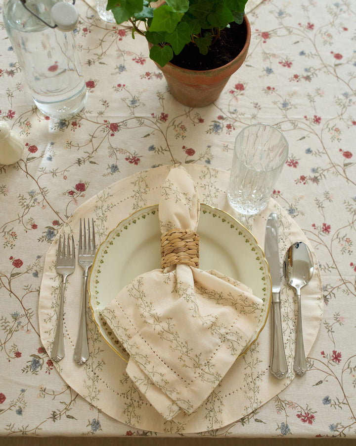 Antique Floral cotton tablecloth with a timeless botanical print, ideal for neutral Thanksgiving decor, spring tables, and Easter hosting.