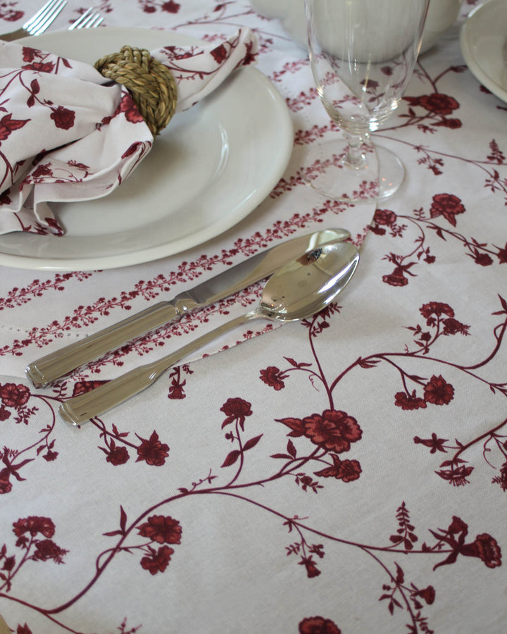 Easter Tablecloth in a blooming Chinoiserie Print. This Rectangle Tablecloth (66x104 and 66x120) features intricate red botanical flowers. Perfect for Grand Millennial Decor lovers, this Cotton Tablecloth adds French Country charm to your dining room. Whether used as a Spring Tablecloth for daily use or a special Rehearsal Dinner, its handcrafted quality shines. A perfect gift for mom, this Floral Tablecloth fits long tables with a beautiful drape.