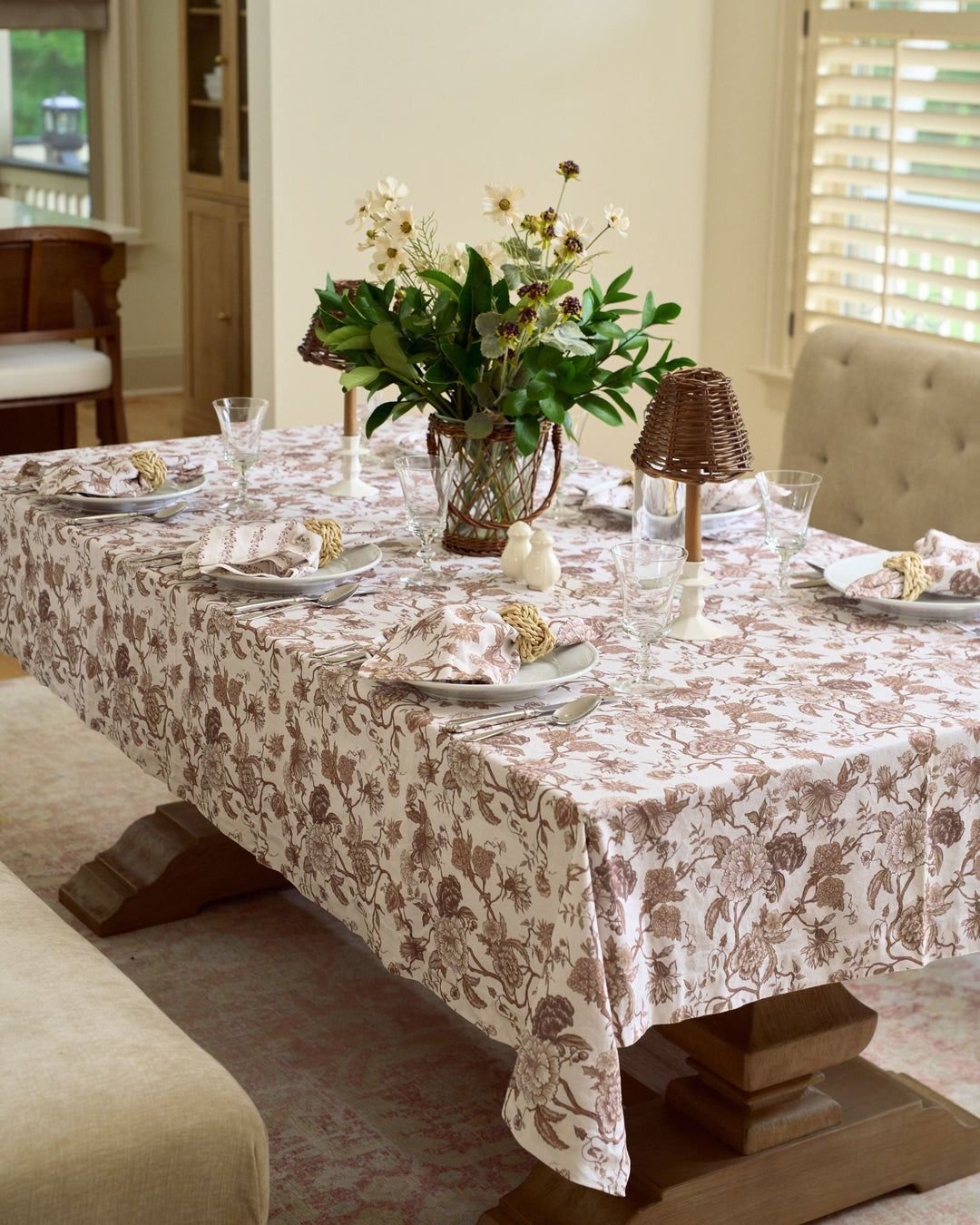 Timeless brown floral cotton tablecloth for Thanksgiving hosting, autumn family dinners, fall entertaining, and beautifully layered seasonal tables.