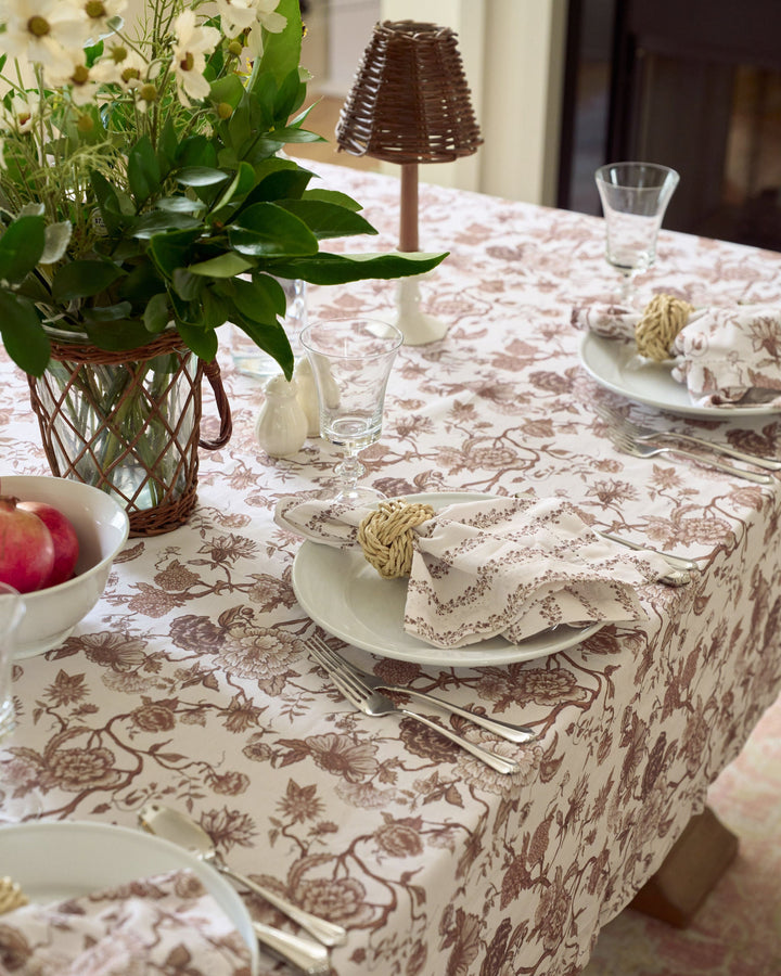 Brown floral cotton tablecloth designed for everyday dining, fall dinner parties, autumn entertaining, and classic Thanksgiving celebrations.