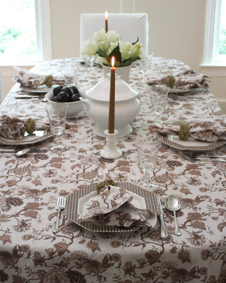 Brown floral hemstitch napkins set, reusable cotton table linens for everyday meals and entertaining.