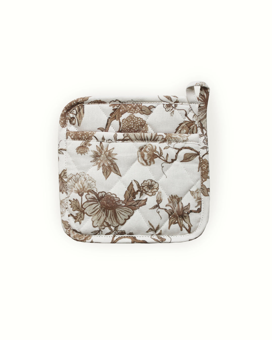 Brown floral pot holder set in quilted cotton, heat-resistant and perfect for everyday cooking, baking, and kitchen use.