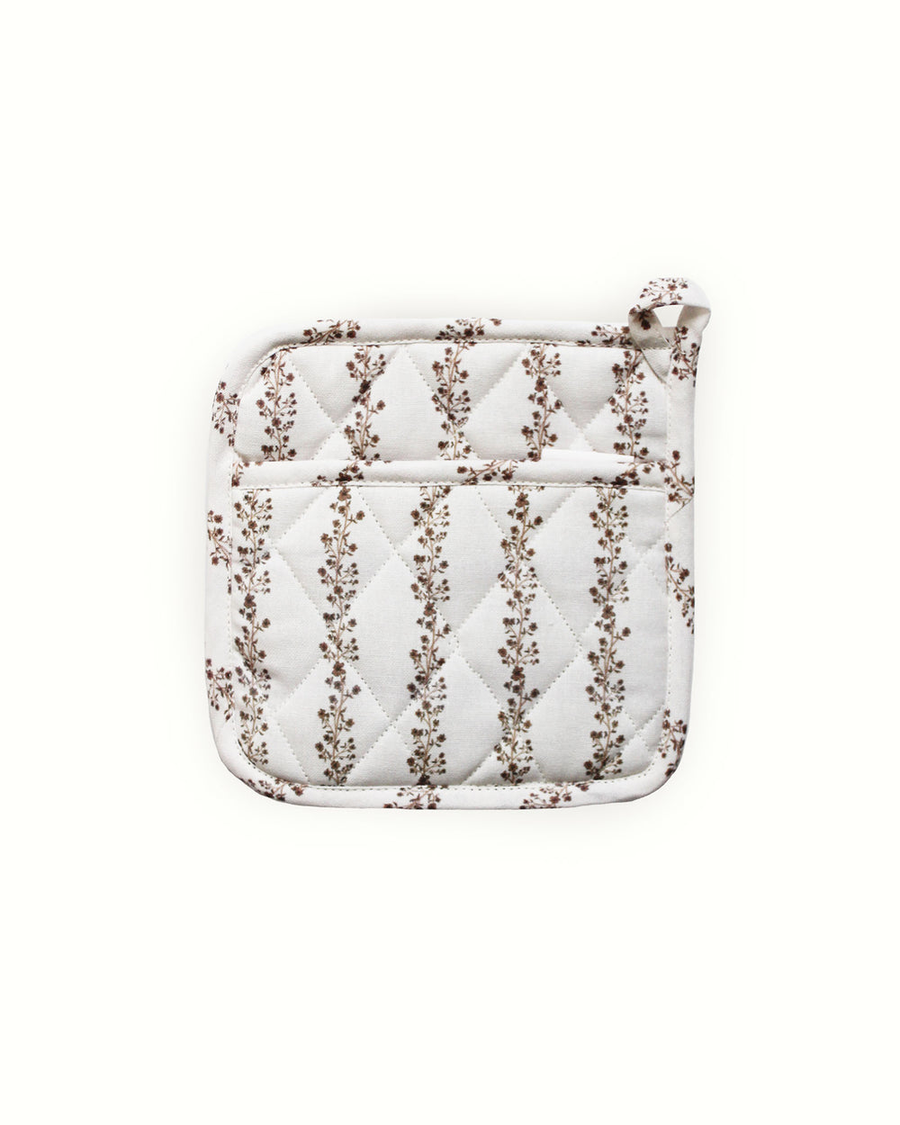 A set of 2 chestnut brown floral stripe quilted cotton pot holders featuring a vintage-inspired design. These 8 inch square potholders for baking and cooking come with hanging loops and recycled cotton insulation. Perfect as quilted hot pads or floral hot pads to protect surfaces from hot dishes. They make a great Mother's Day gift for mom or grandma gift. The grand millennial decor and spring floral stripe pattern make them essential country kitchen accessories for Easter baking fun.