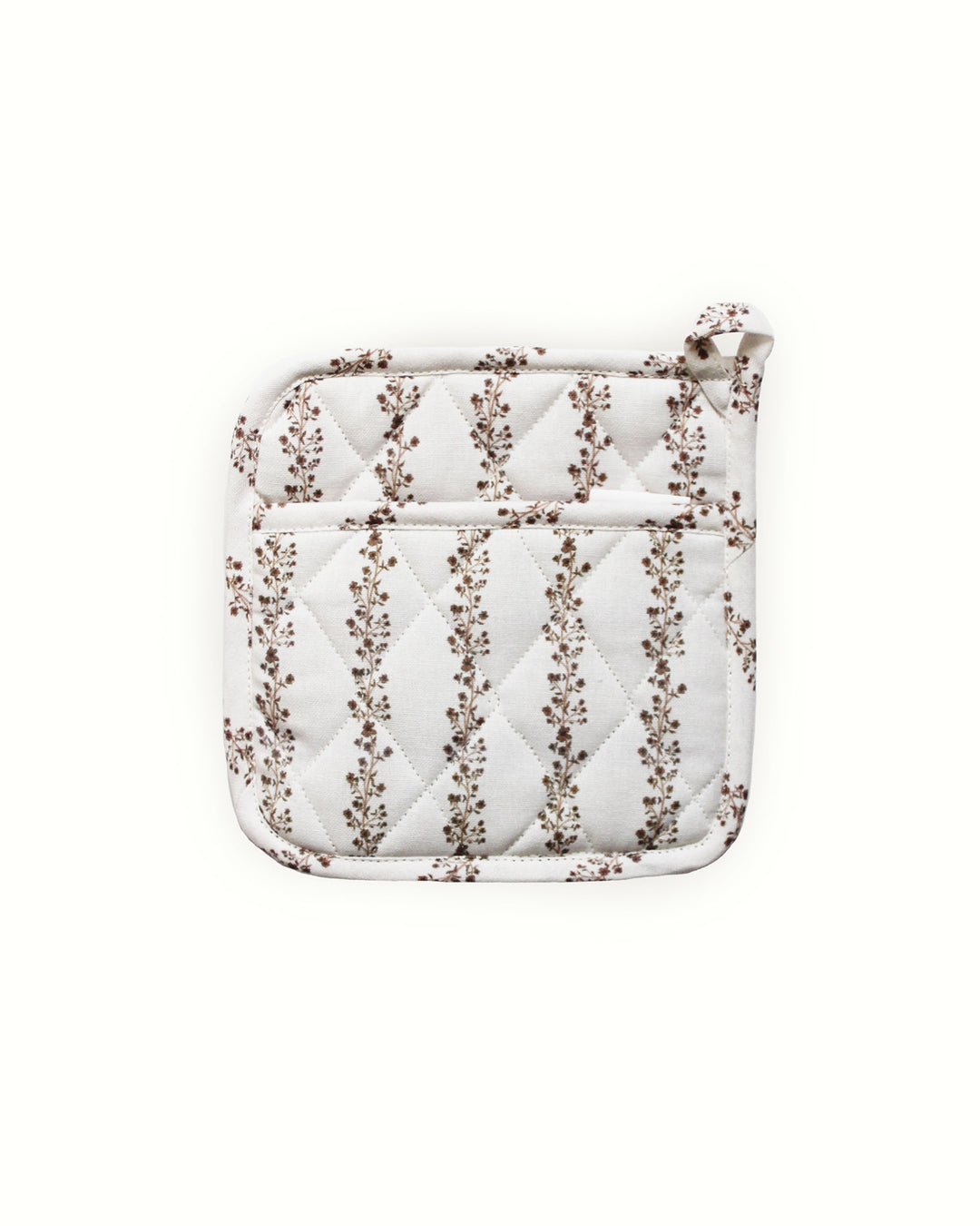 A set of 2 chestnut brown floral stripe quilted cotton pot holders featuring a vintage-inspired design. These 8 inch square potholders for baking and cooking come with hanging loops and recycled cotton insulation. Perfect as quilted hot pads or floral hot pads to protect surfaces from hot dishes. They make a great Mother's Day gift for mom or grandma gift. The grand millennial decor and spring floral stripe pattern make them essential country kitchen accessories for Easter baking fun.