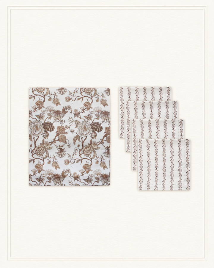 Florence Chestnut Tablecloth & Begonia Stripe Napkin Set