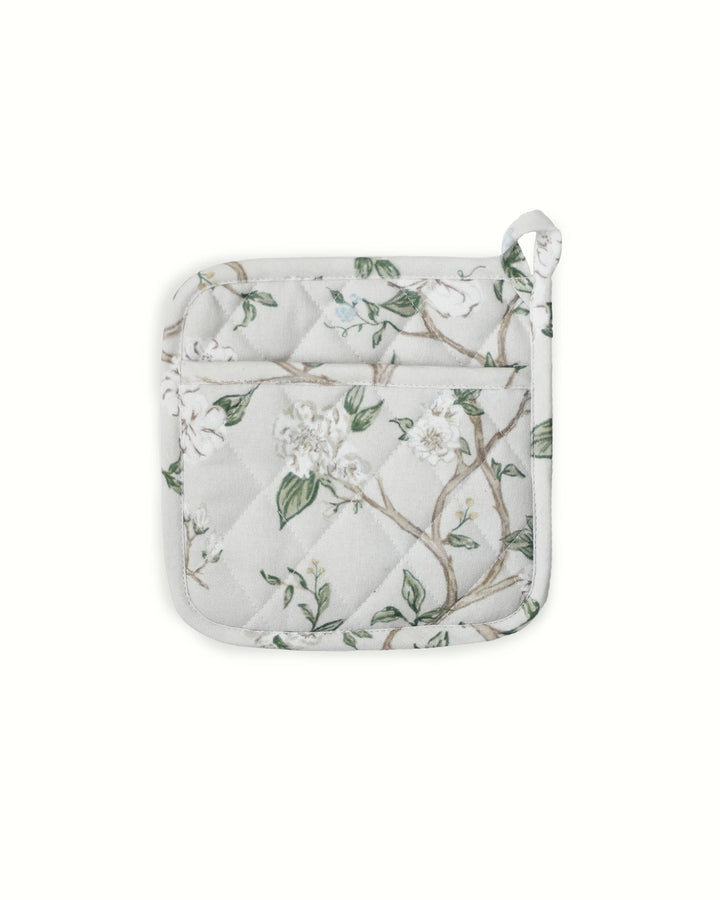 Pot holder set with hand-drawn floral print, perfect for spring kitchen decor, traditional kitchen style, and seasonal hosting.