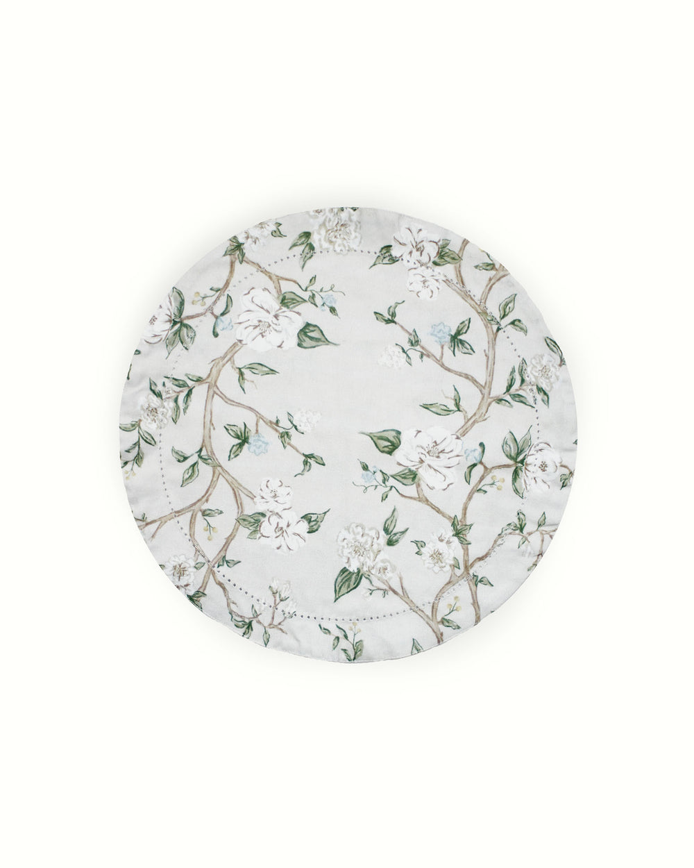 Hand-drawn Camellia floral fabric placemats in timeless beige and green for elegant summer tablescape or Mother's Day gift.