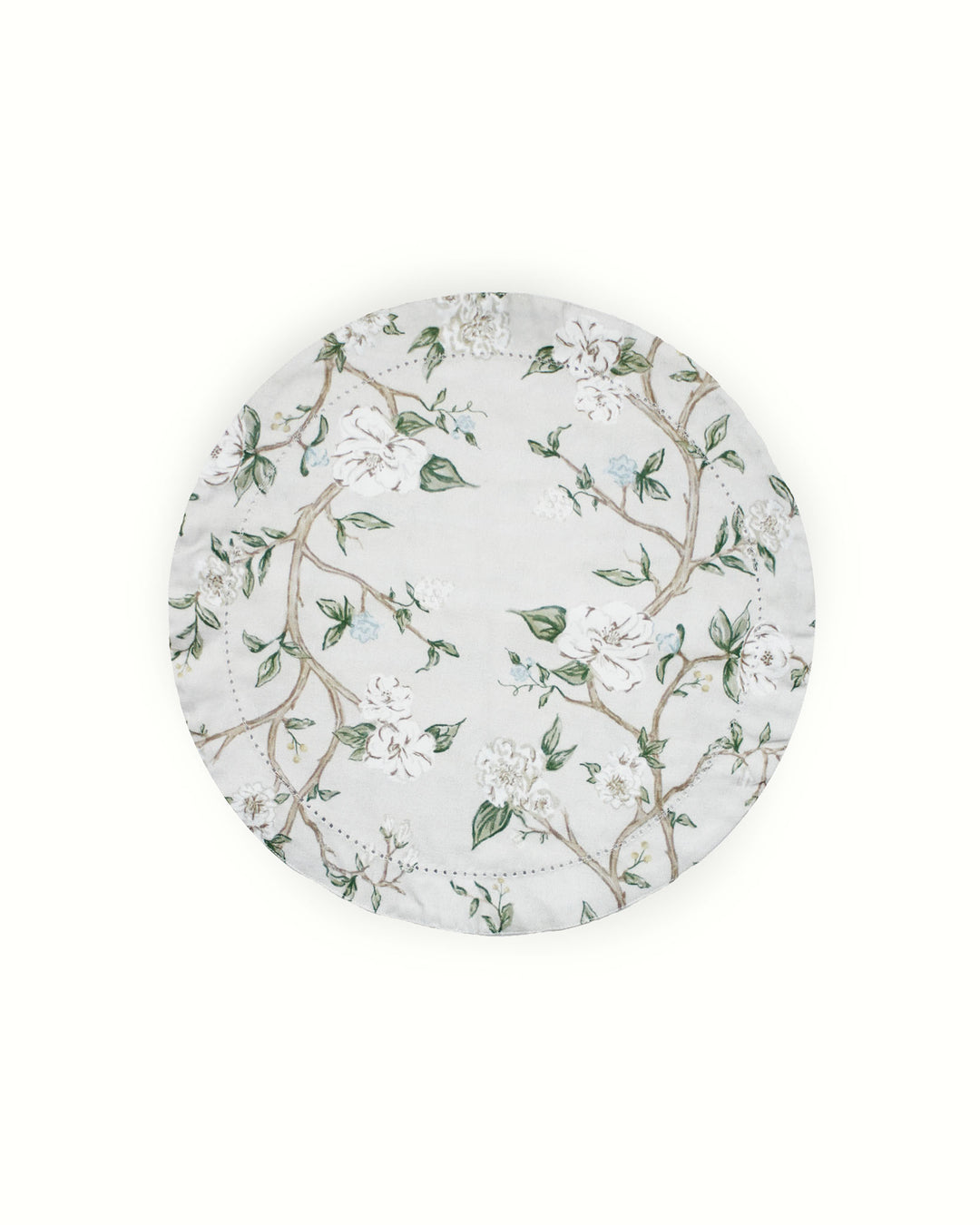 Hand-drawn Camellia floral fabric placemats in timeless beige and green for elegant summer tablescape or Mother's Day gift.