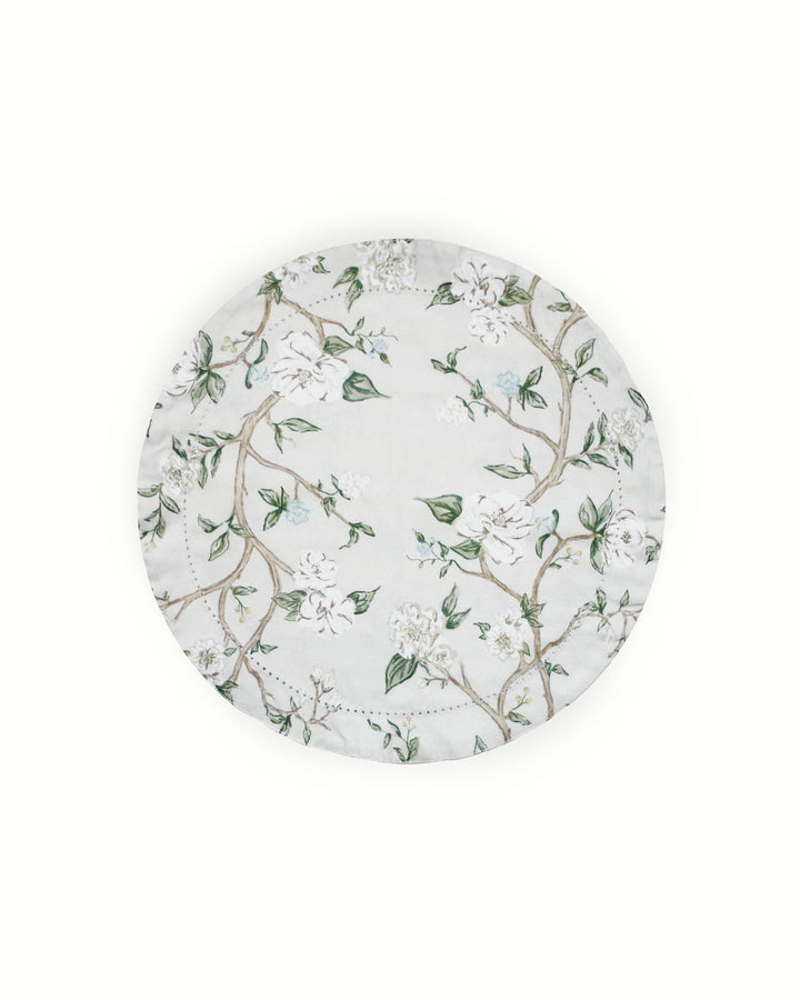Hand-drawn Camellia floral fabric placemats in timeless beige and green for elegant summer tablescape or Mother's Day gift.