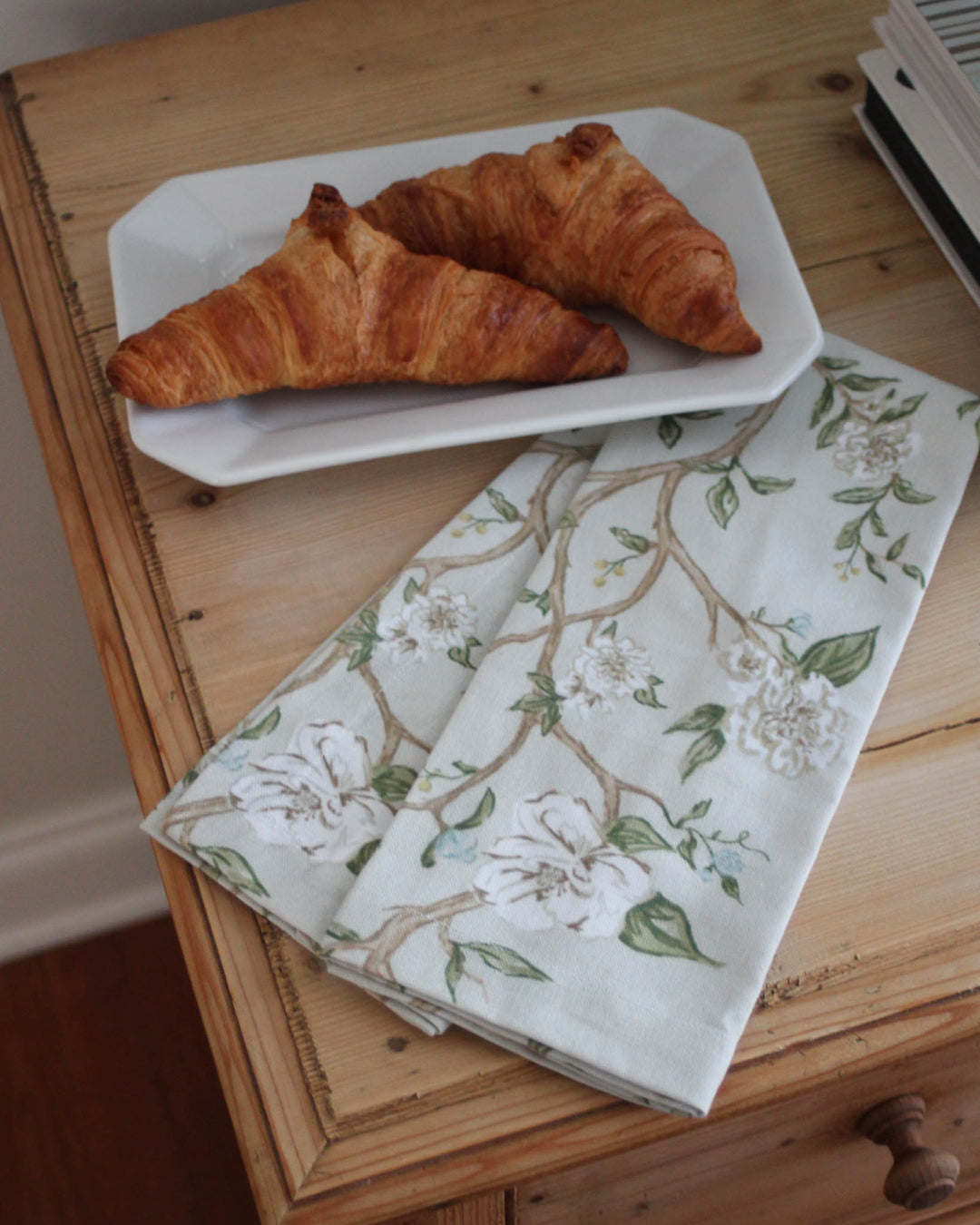 Camellia floral kitchen towel with hanger loop, a charming housewarming or hostess gift for home cooks.