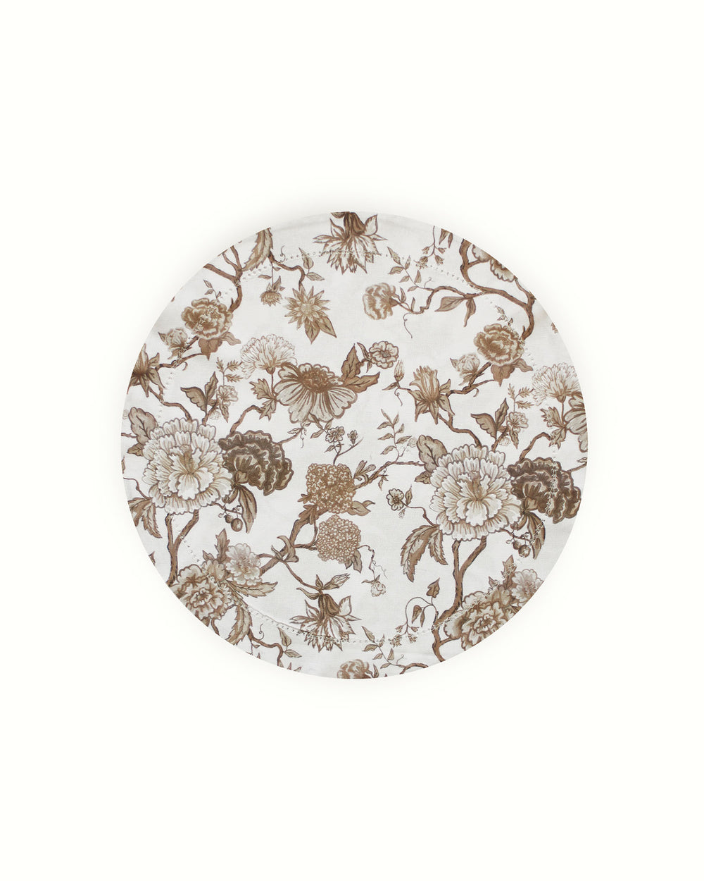 These round cotton placemats feature a traditional hemstitched edge and a delicate brown floral print. These washable placemats are designed for the host who appreciates high-quality, functional textiles for their spring table. Perfect for a garden party or a traditional Easter brunch, the reusable fabric offers a high-end alternative to disposables. Their circular shape frames dinnerware beautifully, adding a polished, grand millennial touch to every meal.