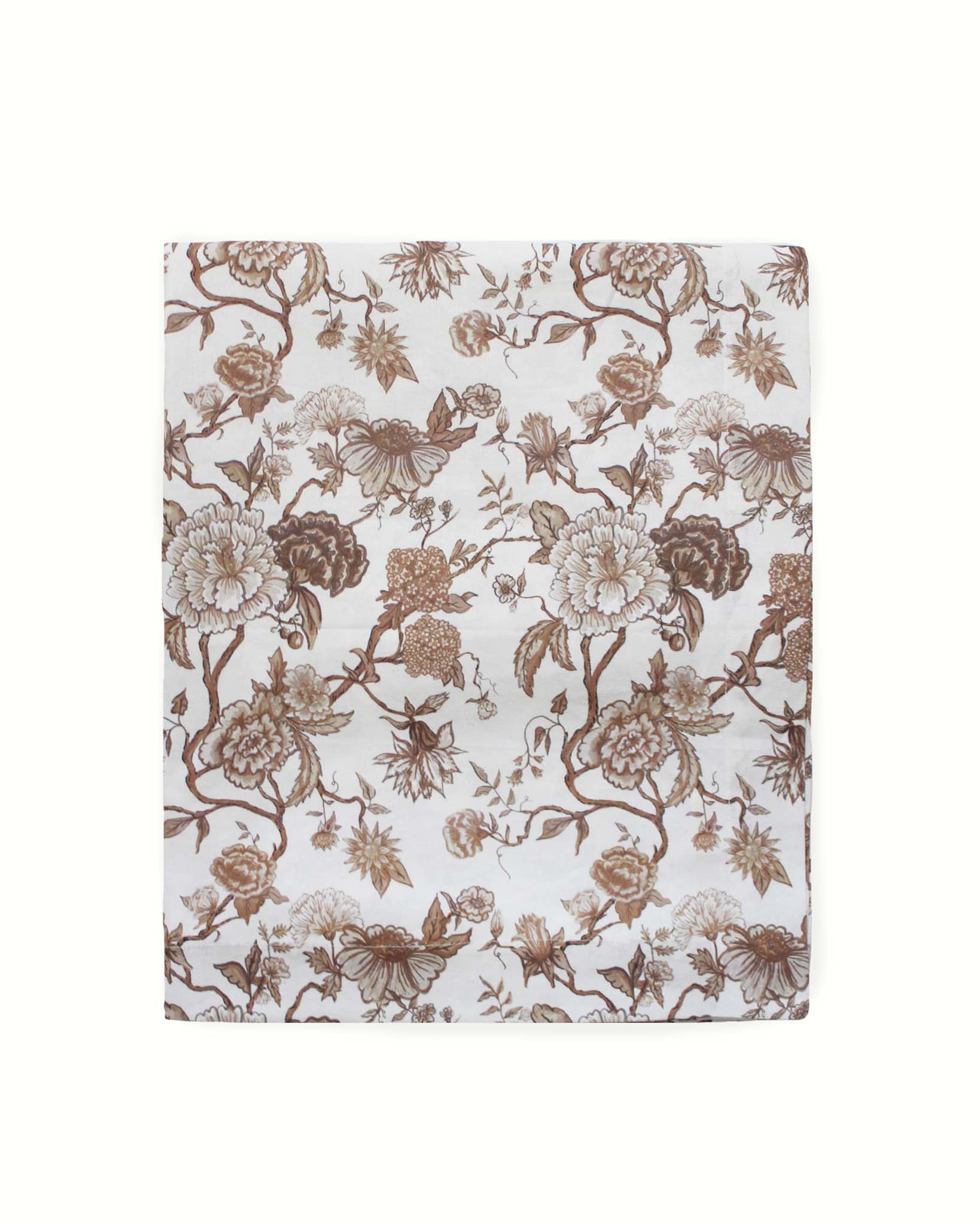 Available in multiple sizes this floral tablecloth in chest nut brown color is made from organic cotton sustainably crafted in India 