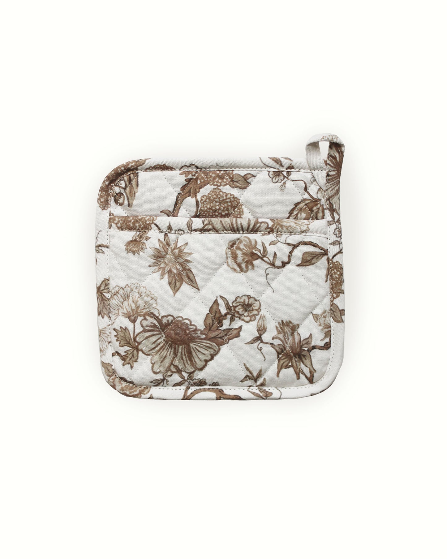 Hand-drawn floral pot holders in organic cotton. Quilted with heat-resistant lining, set of 2. Perfect for holiday baking & hostess gifts. Made in India.