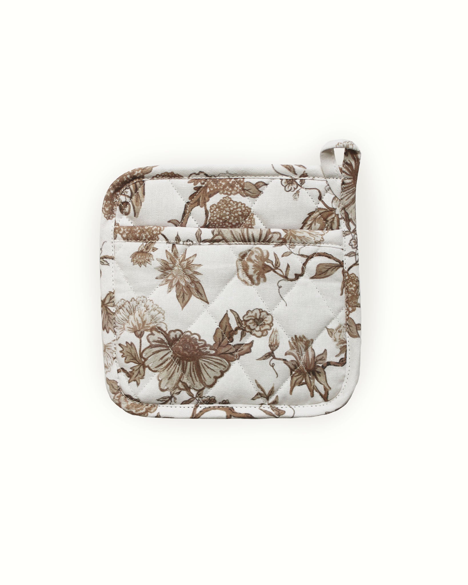 Hand-drawn floral pot holders in organic cotton. Quilted with heat-resistant lining, set of 2. Perfect for holiday baking & hostess gifts. Made in India.