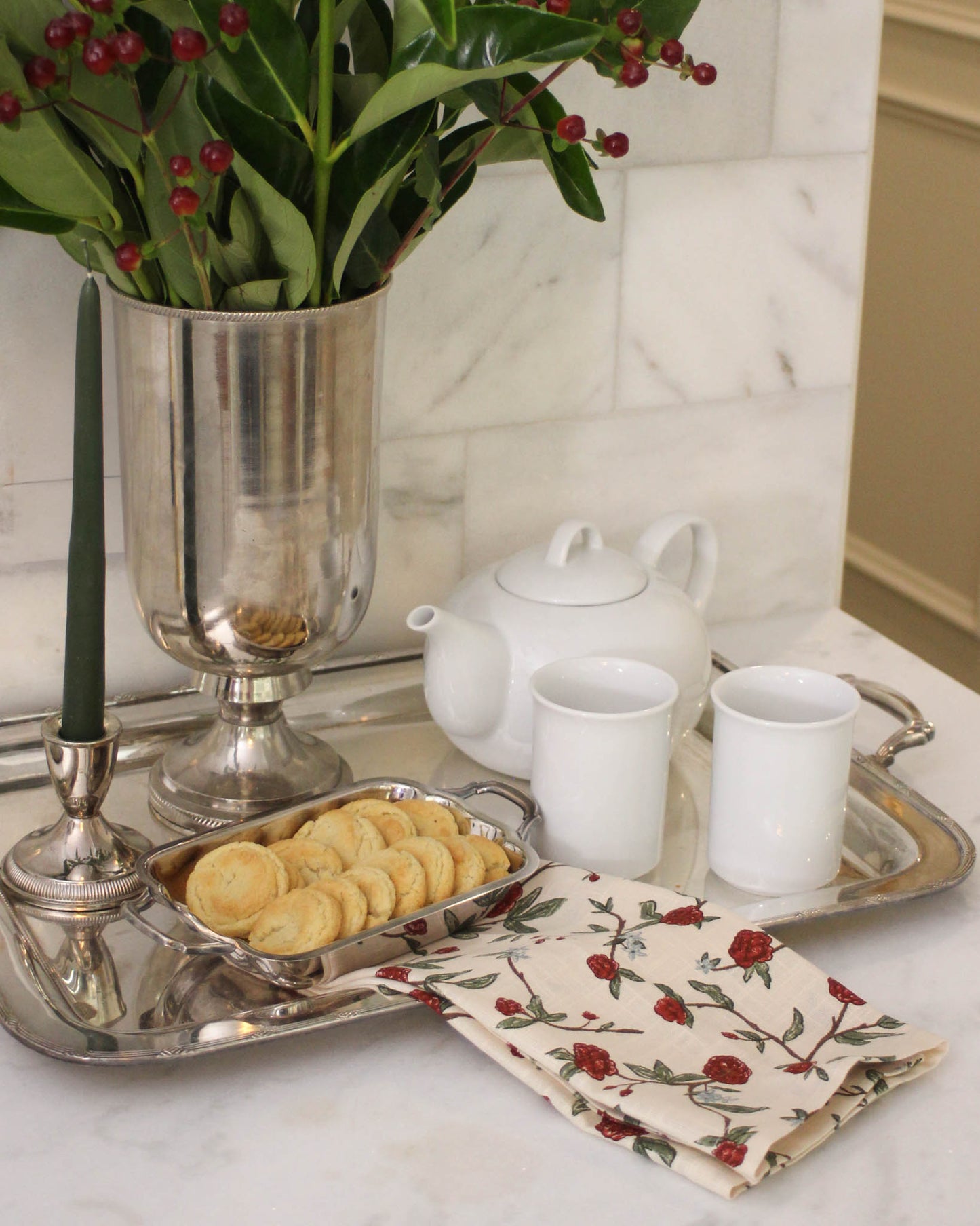 Beautiful red floral tea towel for holiday entertaining. Organic cotton, hand-drawn print, hanging loop. Perfect Christmas hostess or Secret Santa gift idea.