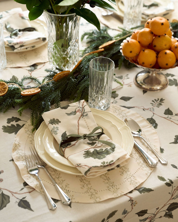 Willamere floral cotton placemats on a classic neutral Christmas tablescape, perfect for understated holiday decorating and festive dining.