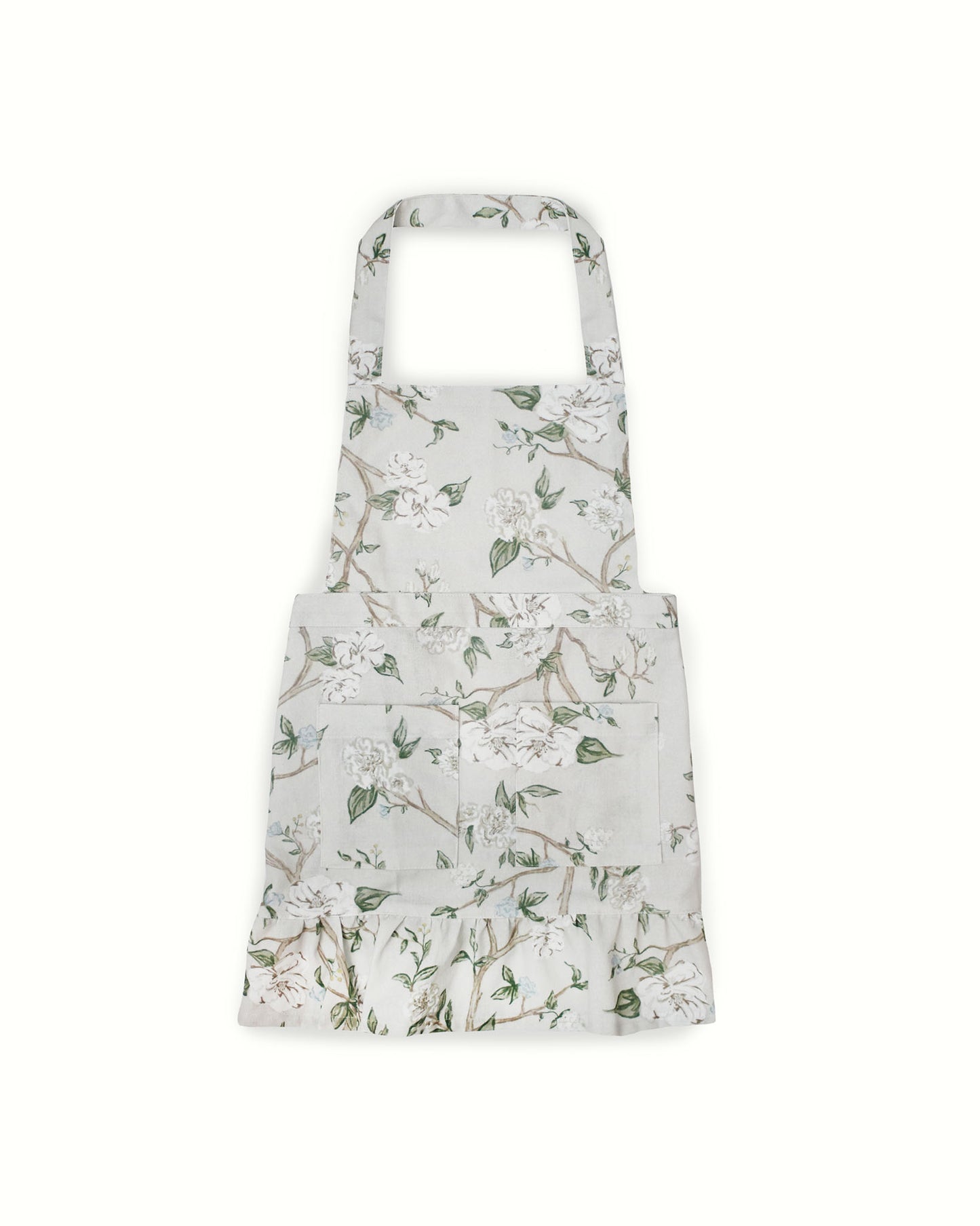 Cream and green floral ruffle apron for little girls.  Matching mommy and me aprons, perfect Mother's Day gift.