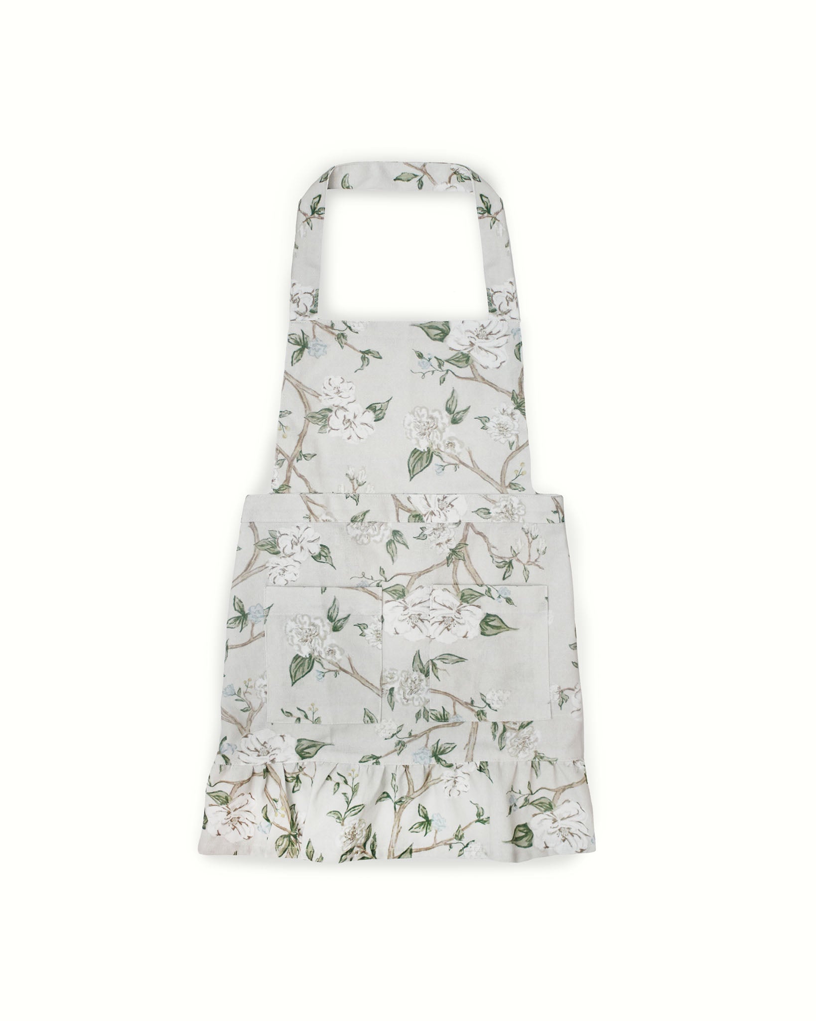 Cream and green floral ruffle apron for little girls.  Matching mommy and me aprons, perfect Mother's Day gift.