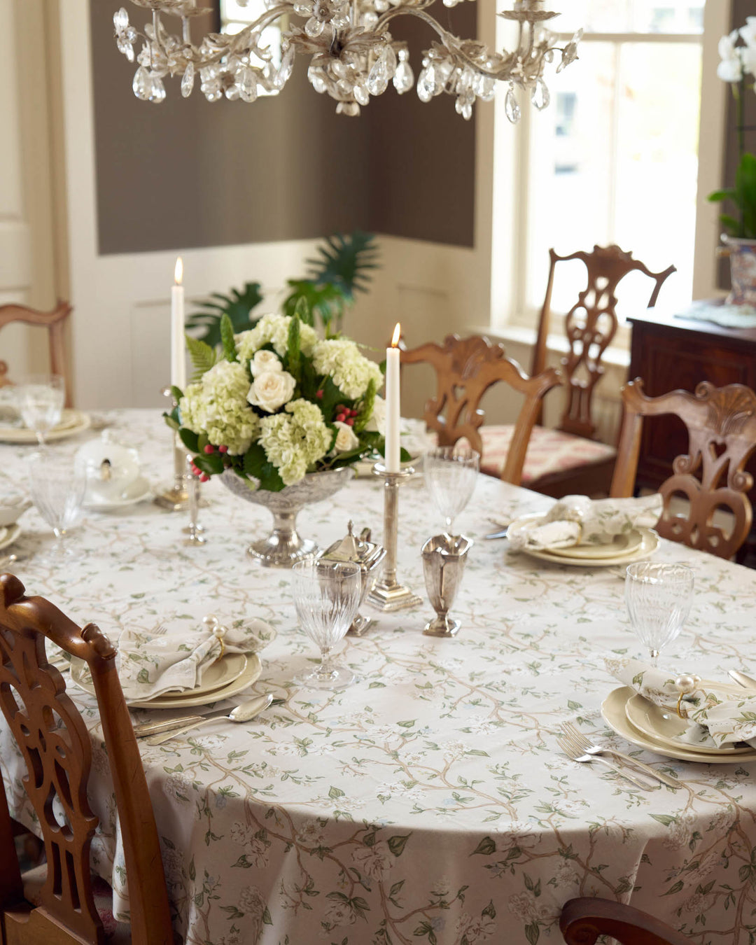 Timeless spring tablescape featuring a neutral camellia floral cotton tablecloth.