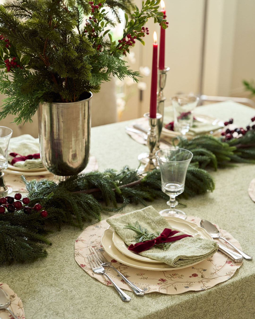Vintage-inspired floral cotton placemats in warm, rich colors, perfect for Christmas dinner and holiday entertaining.