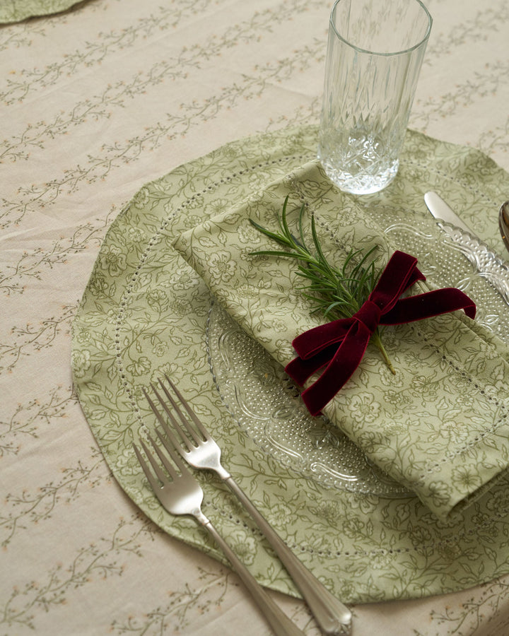 Willamere sage green cotton placemats with a delicate floral design, perfect for neutral Christmas decor and festive dining.