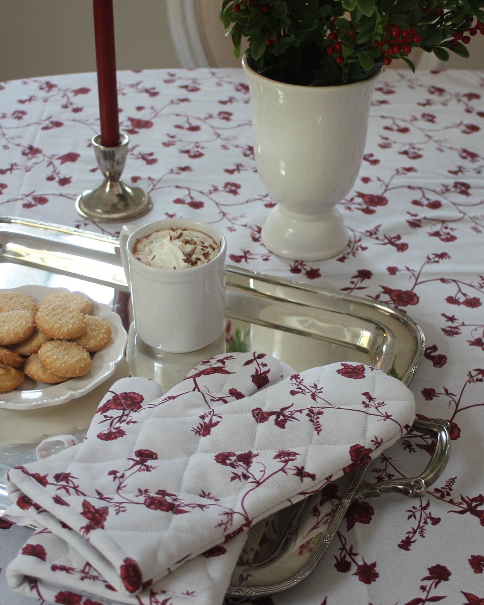 Elegant floral quilted oven mitts that bring beauty and function to holiday cooking and hosting