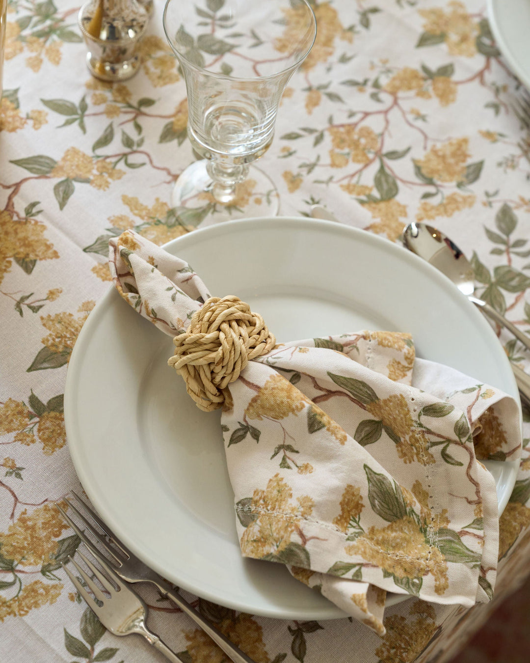 Hyacinth Marigold cotton napkin set with hand-drawn yellow flowers, designed for everyday dining, elegant fall tables, and classic Thanksgiving place settings.
