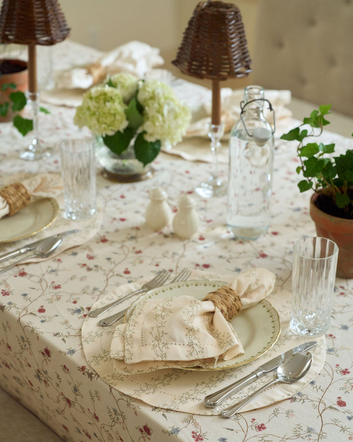English countryside floral tablecloth in cream, green, brown, and muted pastels for Thanksgiving, Easter, and year-round entertaining.