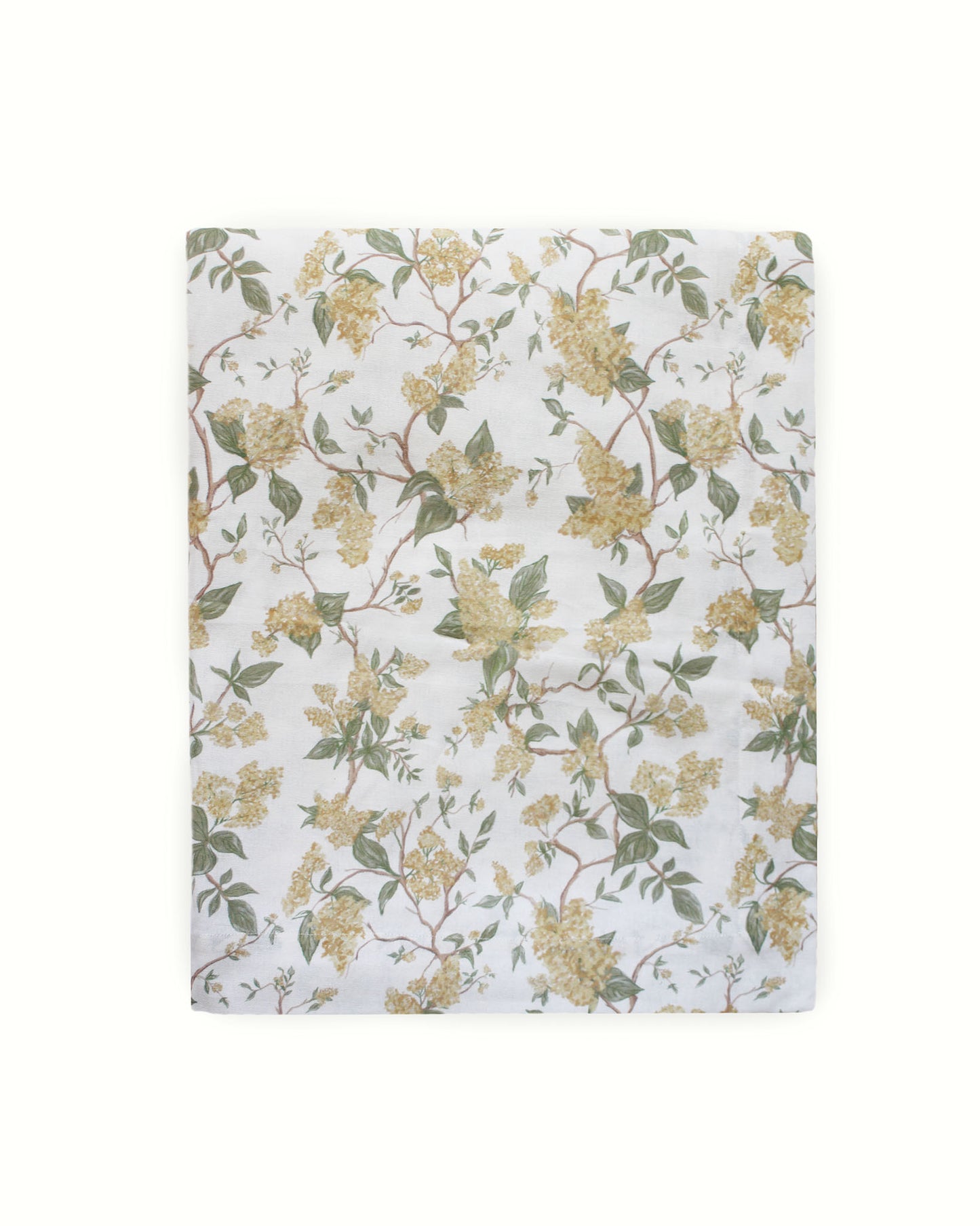 Organic cotton Hyacinth Marigold tablecloth with hand-drawn floral design. Perfect for fall gatherings, Thanksgiving dinners, and holiday entertaining. Ethically made and sustainably sourced in India
