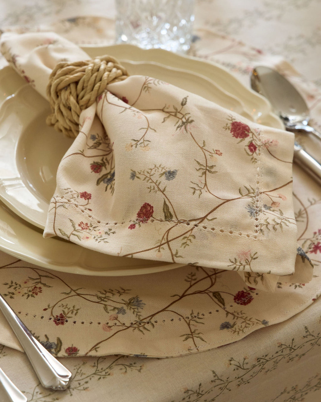 English countryside floral placemats in cream, green, red, blue, pink, and yellow for classic spring and fall entertaining.