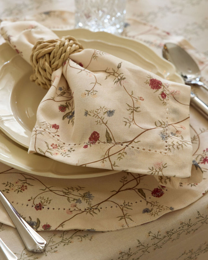 English countryside floral placemats in cream, green, red, blue, pink, and yellow for classic spring and fall entertaining.