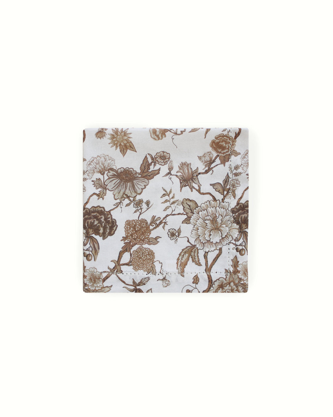 Embrace the grand millennial decor trend with these heritage-inspired brown botanical napkins. Sold as a set of 4, these cotton table napkins feature a continuous pattern of green petals and vines on a crisp white background. They are designed to move away from "fast" decor toward an heirloom quality. Measuring 20x20 inches, they are versatile for rehearsal dinners or country table decor. Pair with coordinating linens to turn your dining table into a storied piece of furniture.