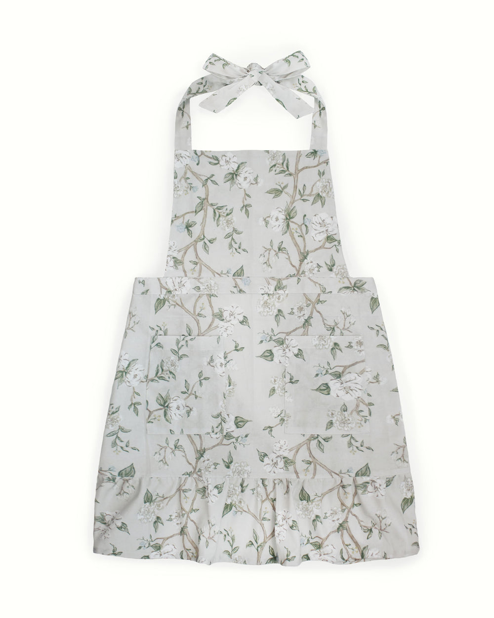 Camellia floral apron made from organic cotton, adjustable fit, perfect for cooking, baking, hosting, and everyday kitchen wear. The perfect hostess and Mothers Day gift.