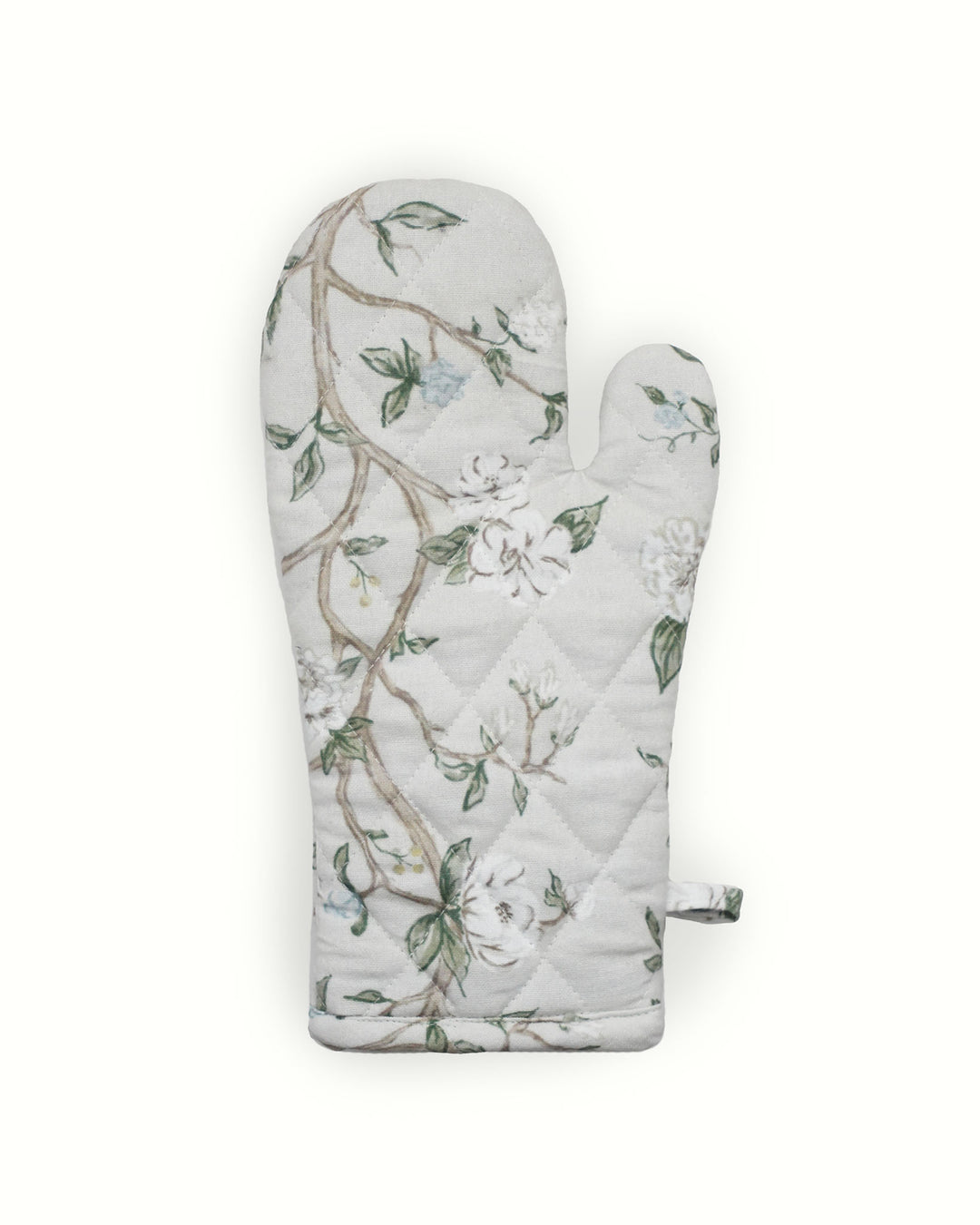 Oven mitt set with hand-drawn floral print, great for spring kitchen refresh, seasonal hosting, and functional decor.