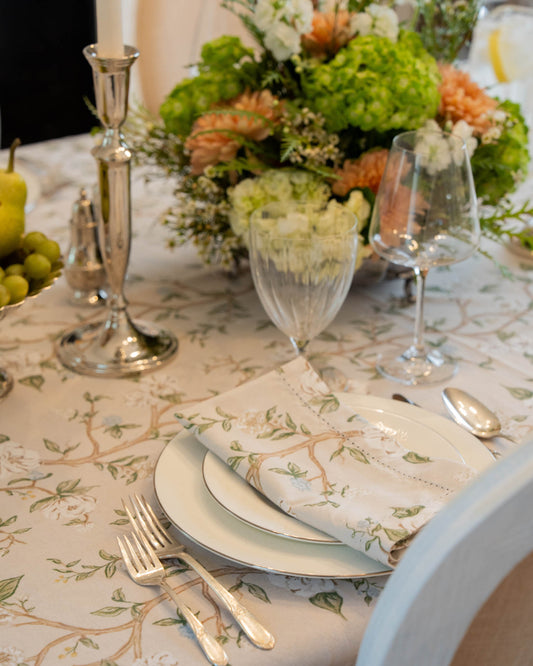 Classic floral tablecloth with Camellia design, perfect for polished spring decor, celebratory dining, and heirloom-inspired style.