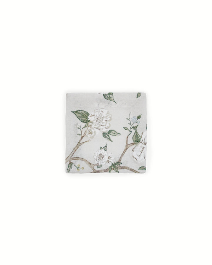 Floral cotton cocktail napkins in camellia print, ideal for hostess gifts, bar carts, and entertaining.