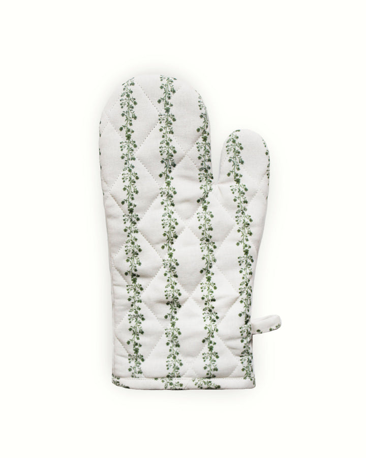 Floral stripe cotton oven mitts set of 2 with durable quilting, designed for safe handling of hot cookware.